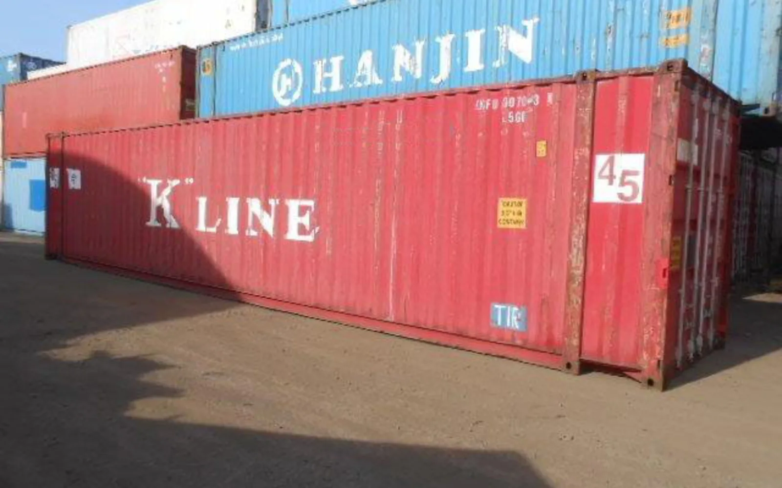 A 45-foot high cube shipping container in a cargo port terminal