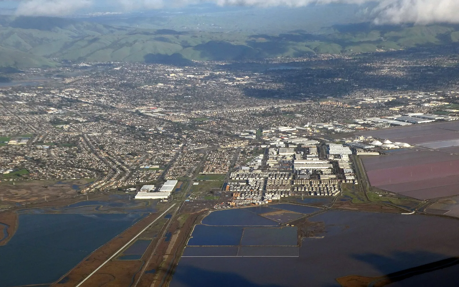 Aerial view of Newark, California and the surrounding East Bay landscape